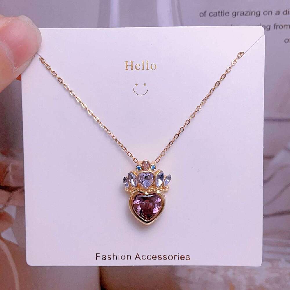 Titanium Steel Clavicle Chain Pink Crown Heart Necklace For Women Light High-End Versatile Elegant Accessory Yiwu 93A