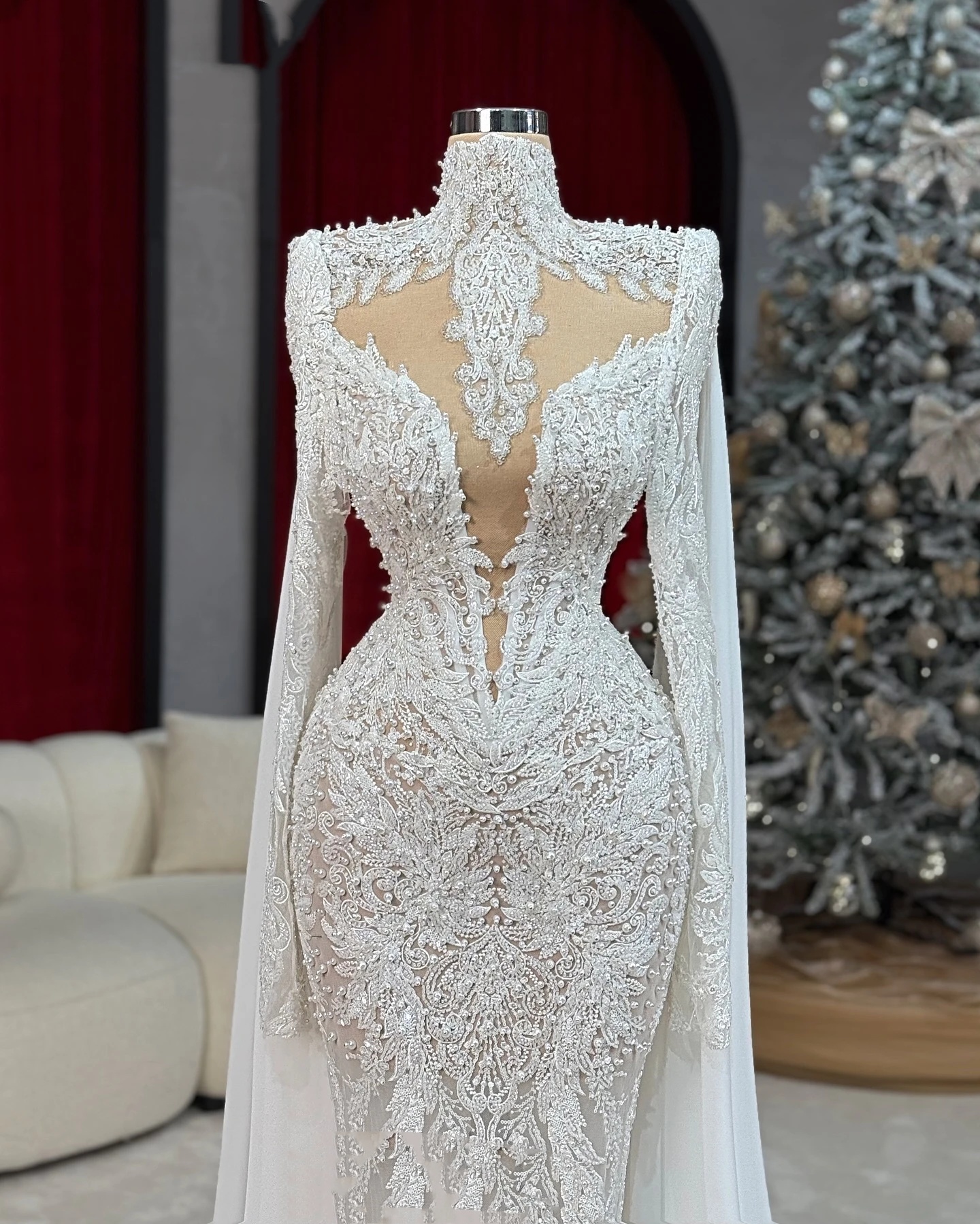 Vintage Mermaid Wedding Dress High Neck Long Sleeves Bridal Gowns Pearls Beaded Lace Detachable Train Dresses Custom Made vestidos de novia