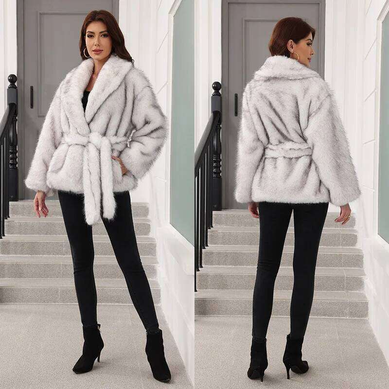 Women Loose Lacing Faux Coat Brand Simple Advanced Design Solid Fur Fall Street Trend Warm Belt Mid-Length Fluffy