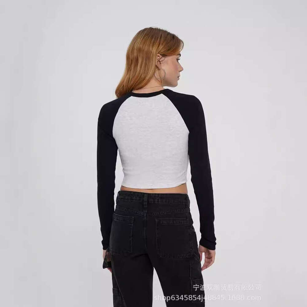 Autumn Winter New Hot Girl Style Long Tight T-Shirt Short Raglan Sleeve Spliced Top Cropped Knitted Women's Clothing B5