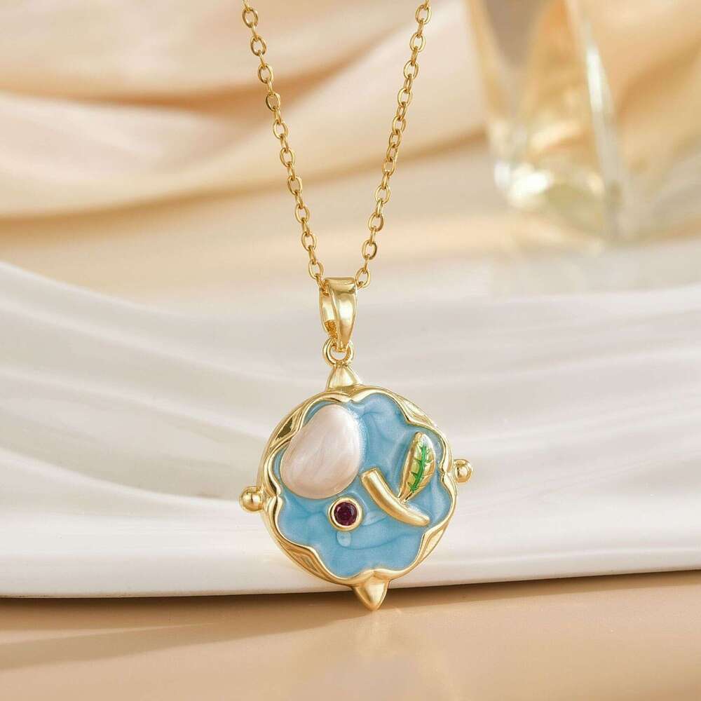 Copper Gold-Plated New Chinese Style Imitation Pearl Oil Painting Flower Necklace French High-End Clavicle Chain Jewelry Accessories B47