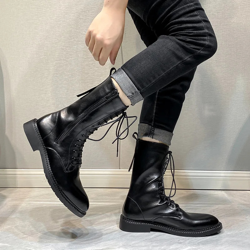 British style mens fashion motorcycle boots black soft leather shoes lace-up cowboy boot spring autumn handsome long botas mans 250715
