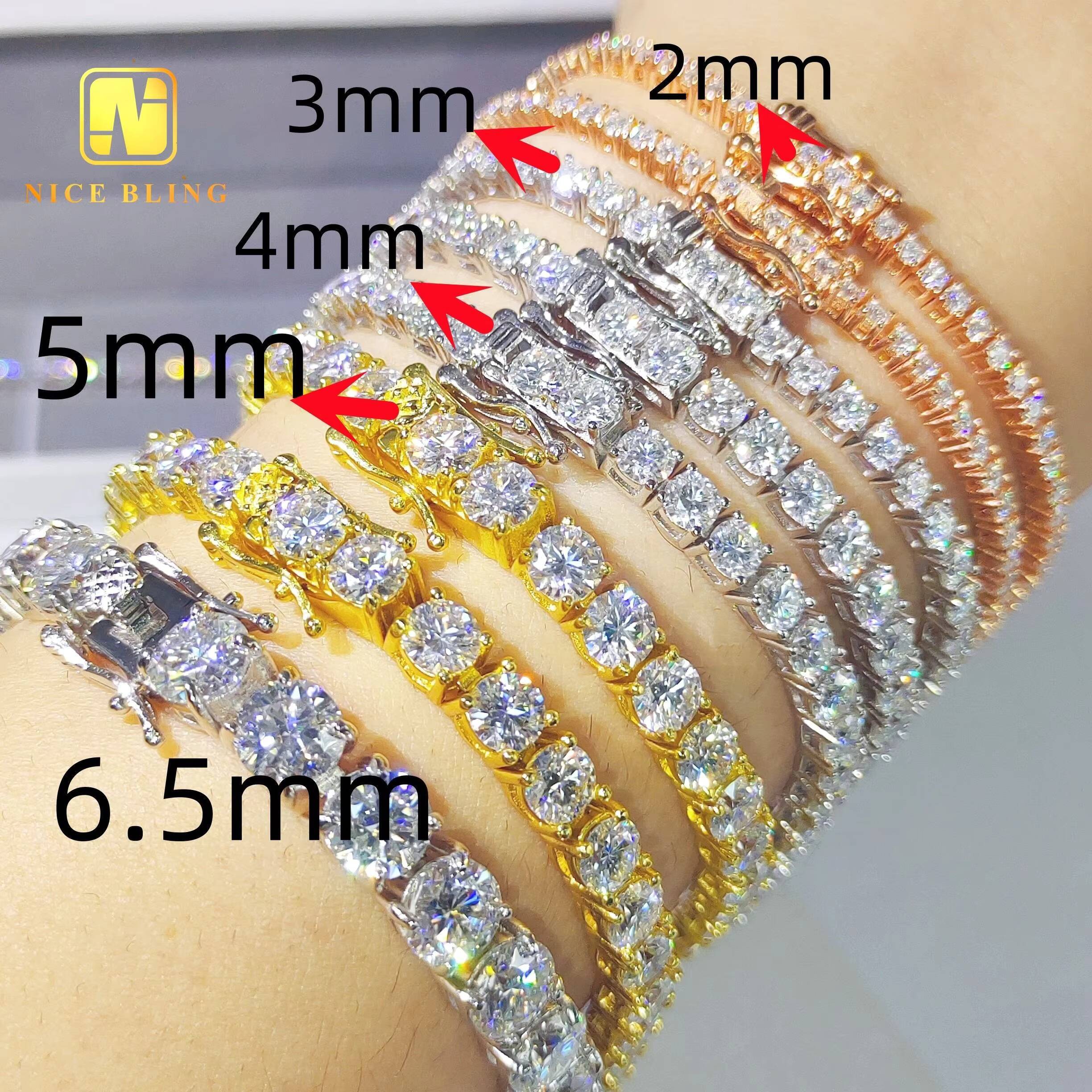 Popular Hip Hop Moissanite Tennis Chains Unisex Lab Diamond Tennis Bracelets 925 Sterling Silver Bracelets 2mm 3mm 4mm 5mm 6.5mm