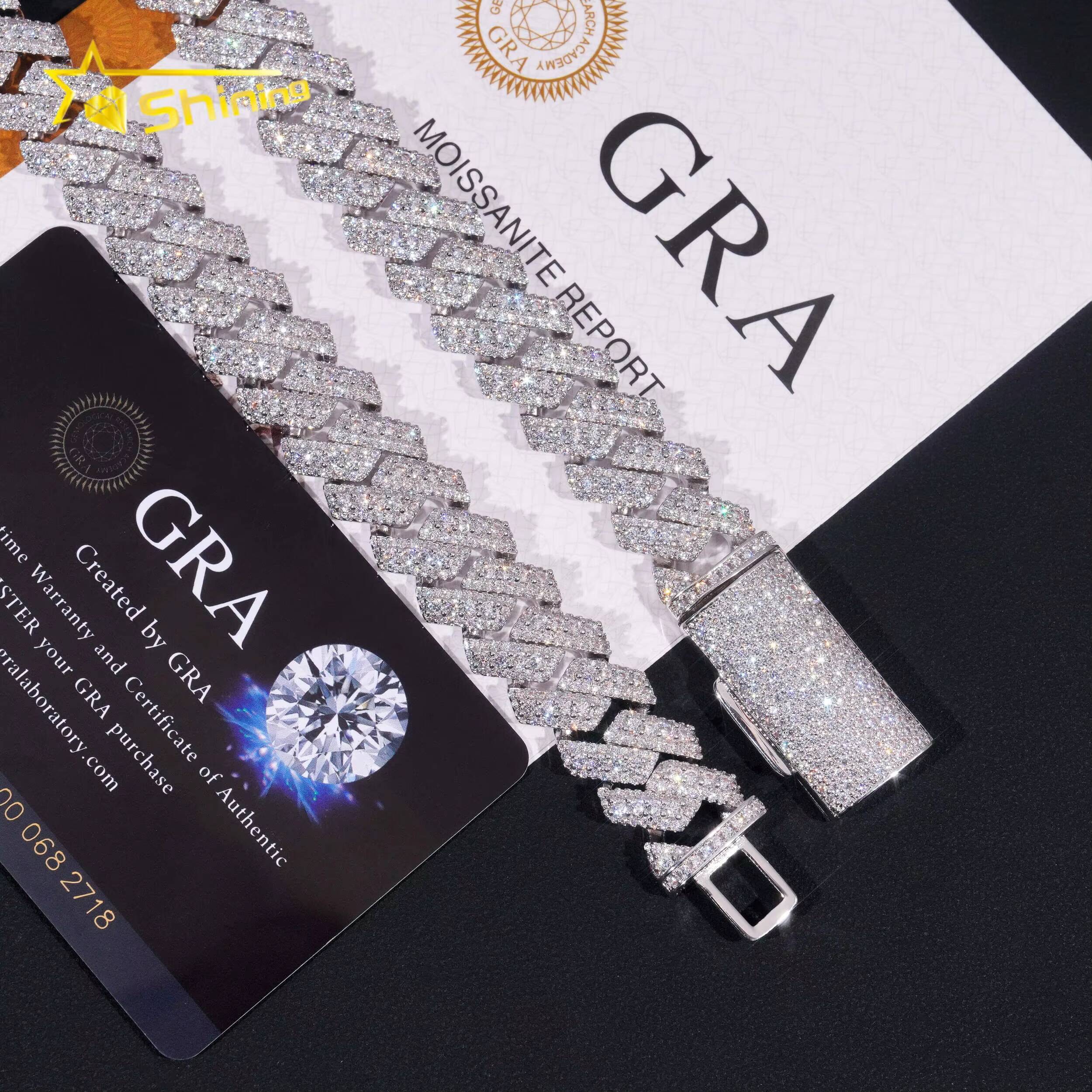 High Quality Heavy Hip Hop 15mm Width 925 Silver VVS Moissanite Iced Out Cuban Link Chain