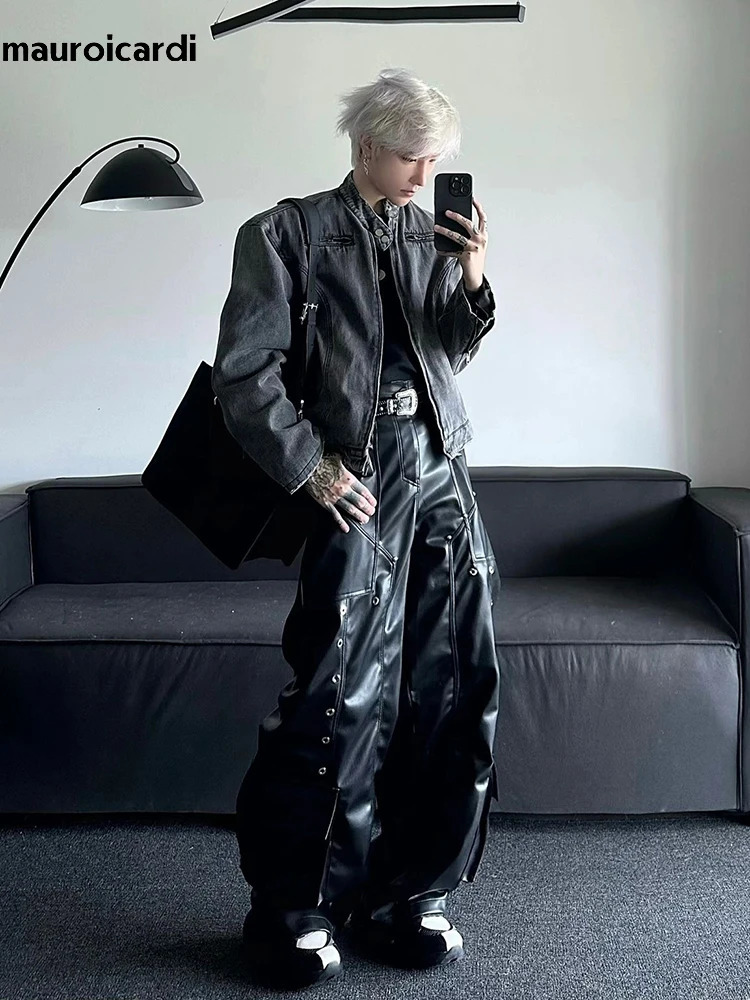 Mauroicardi Spring Autumn Long Loose Casual Black Shiny Pu Leather Pants Men Rivet Wide Leg Trousers Punk Style Streetwear 2024 250704