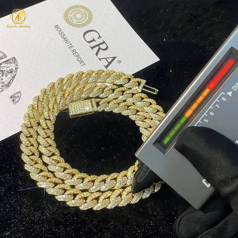 Sterling Silver 925 Gold Plated Miami Cuban Link Iced Out Lab Diamond Moissanite Iced Out Cuban Chain Necklace Hip Hop Jewelry