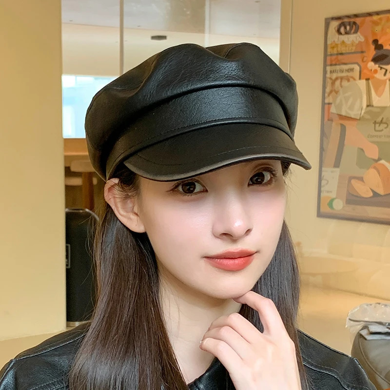Womens Casual Military Cap PU Leather Flat Octagonal Captain Trucker Hat Vintage Artistic Painter Hip Hop Style 250716