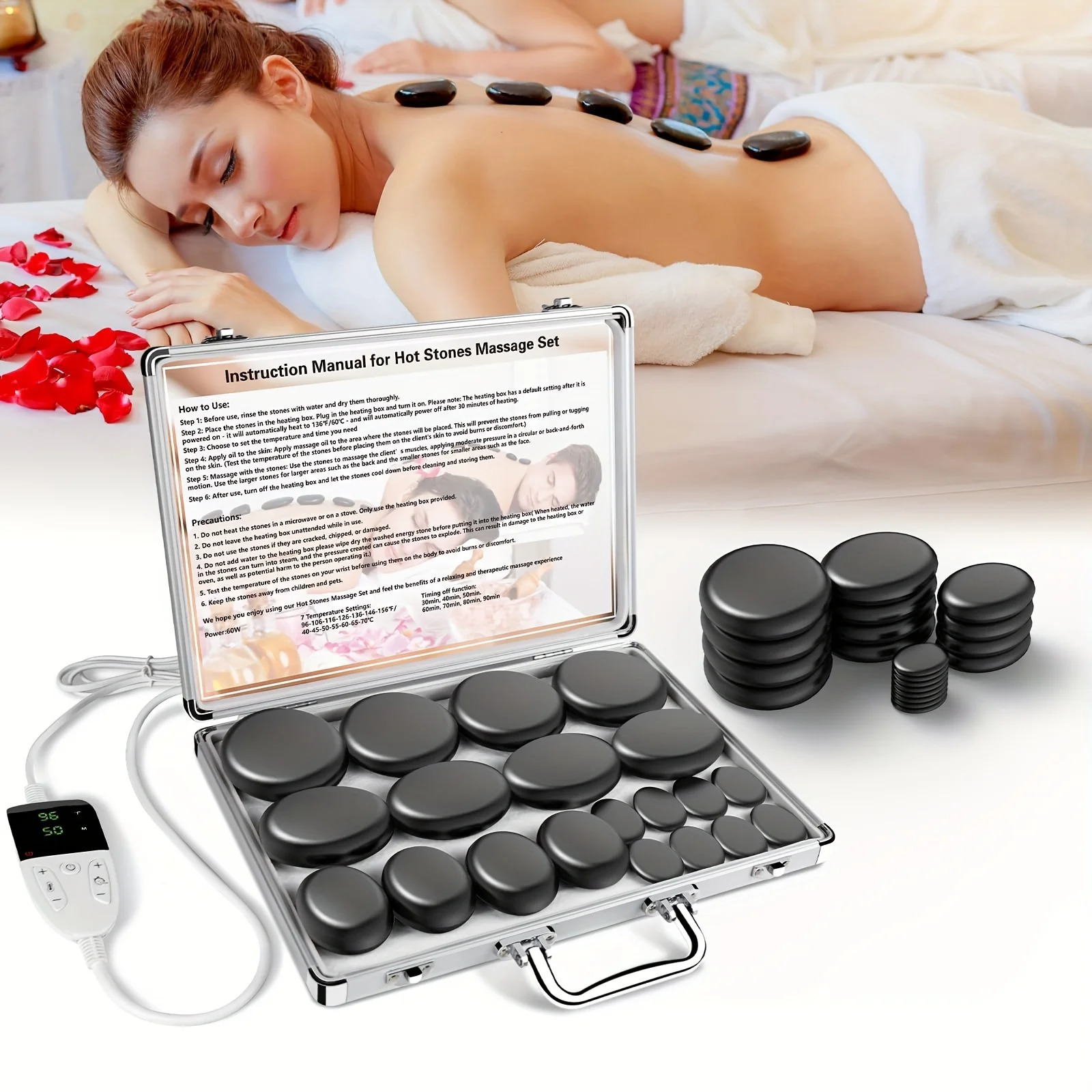 STONE MASSAGE SET WITH TEMPERATURE ADJUSTMENT - Stone Massage Set with Heater Professional Spa Massage Tool - For Neck 250716
