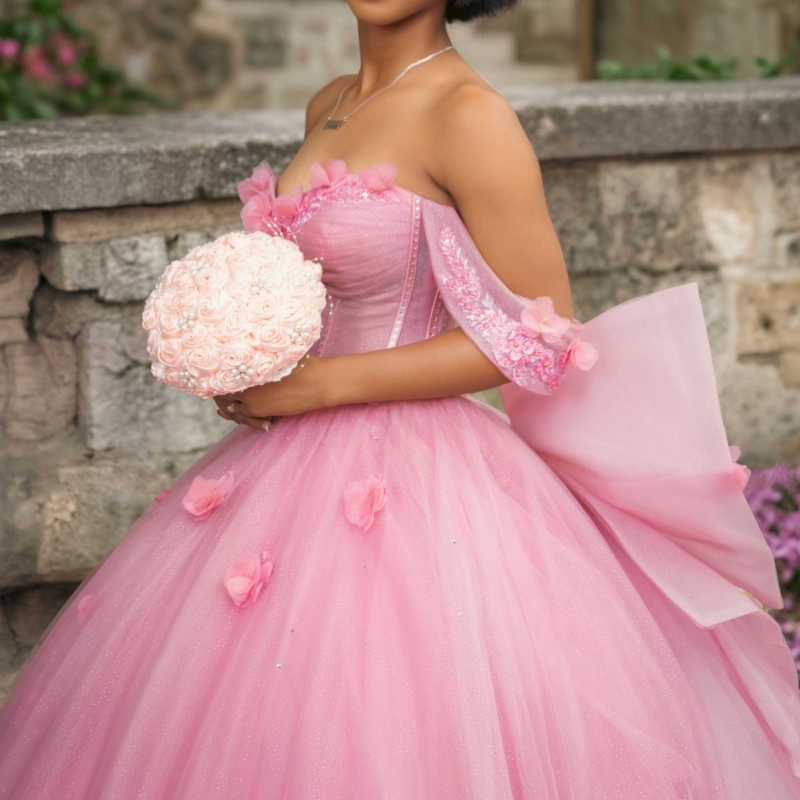 Pink Quinceanera Dresses Ball Gown Off The Shoulder Applique Flower Beads Bow Tull Corset Party Birthday Sweet 16 Dress Vestidos De 15 Anos