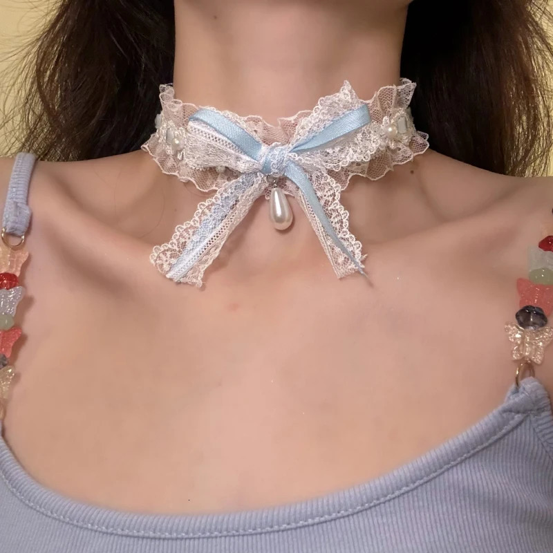 Bow Lace Choker Necklace for Women with Sweet Temperament Neck Strap for Niche Collarbone Chain Accessories 250716