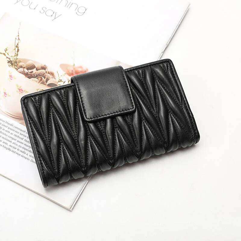 Wrinkled 100% Sheepskin Genuine Leather Women Long Large Capacity Leather Handbag New Zipper Multifunctional Zero Wallet