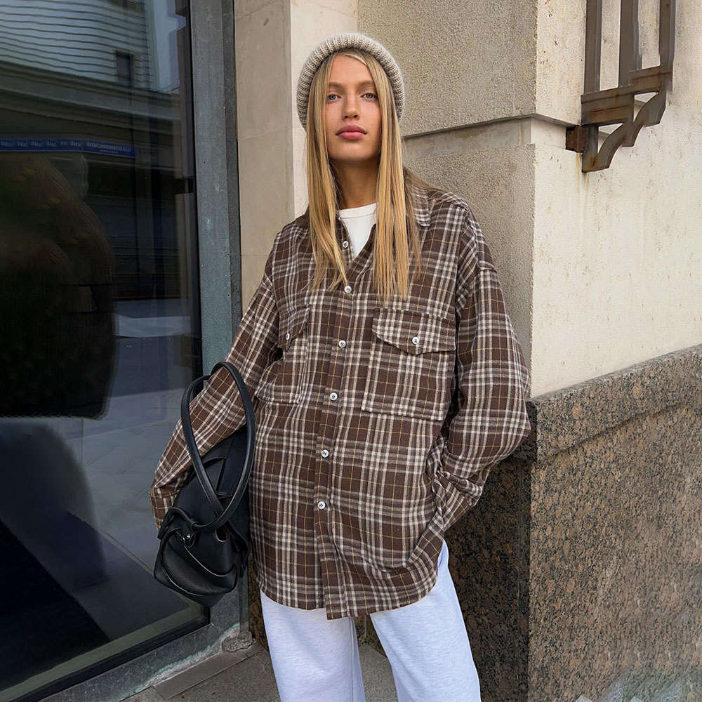 For Women Autumn New American Style Double Pocket Plaid Striped Mid-Length Shirt B5