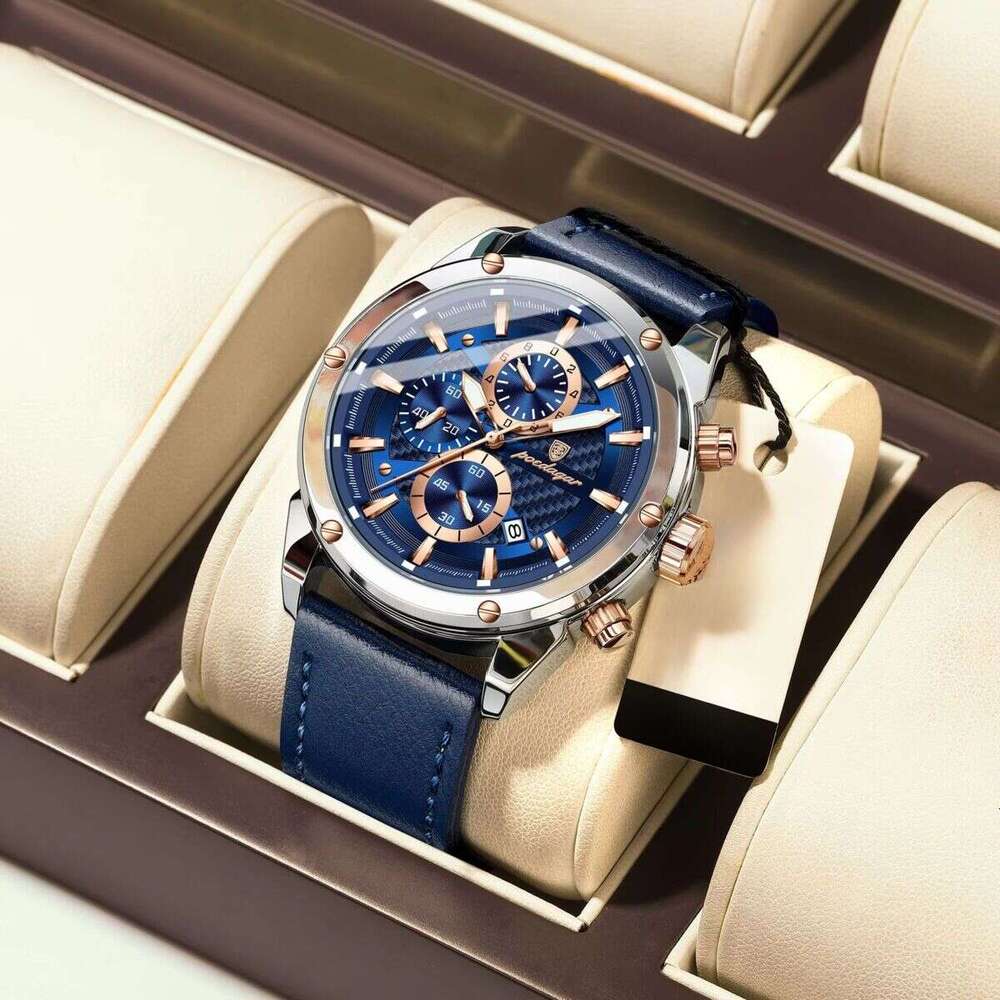 DHwatches Men's Multifunction Chronograph Watch - 50M Waterproof Leather Strap Quartz with Date & Tachymeter (Model 860)