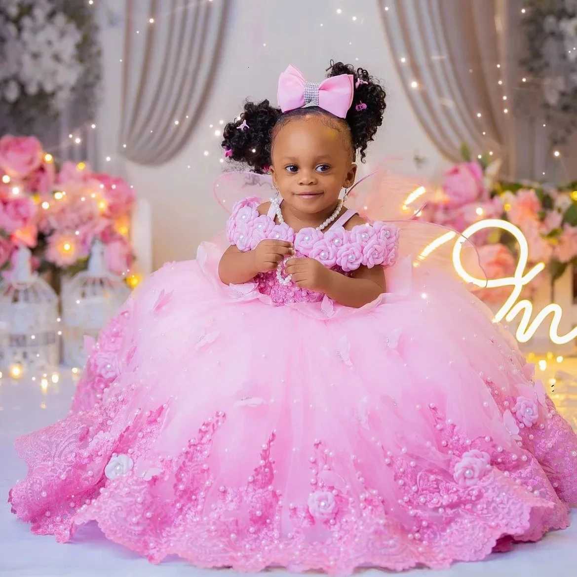 Flower Girl Dresses For Wedding Pink Tulle Pearls Lace Ball Gown Princess First Communion Birthday Photos Shoot Z250716