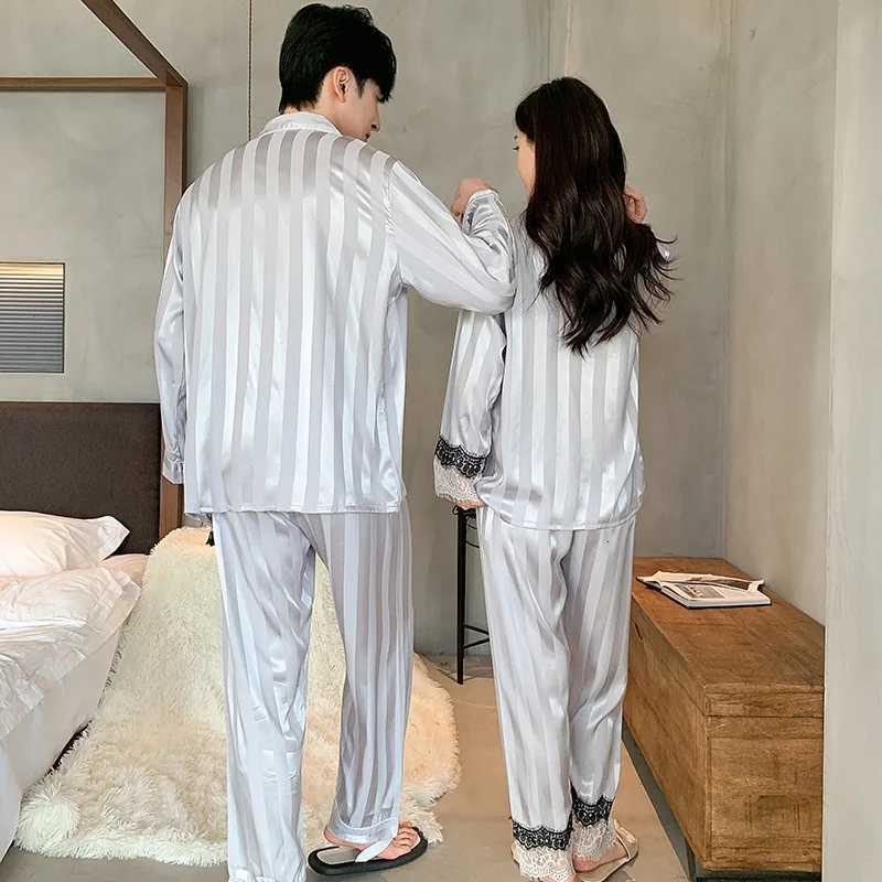 Couple Pajamas Suit Women Male Ice Silk Long-sleeved Sleepwear Summer High-end Loungewear Spring Fall Men Female Striped Pajamas W250717