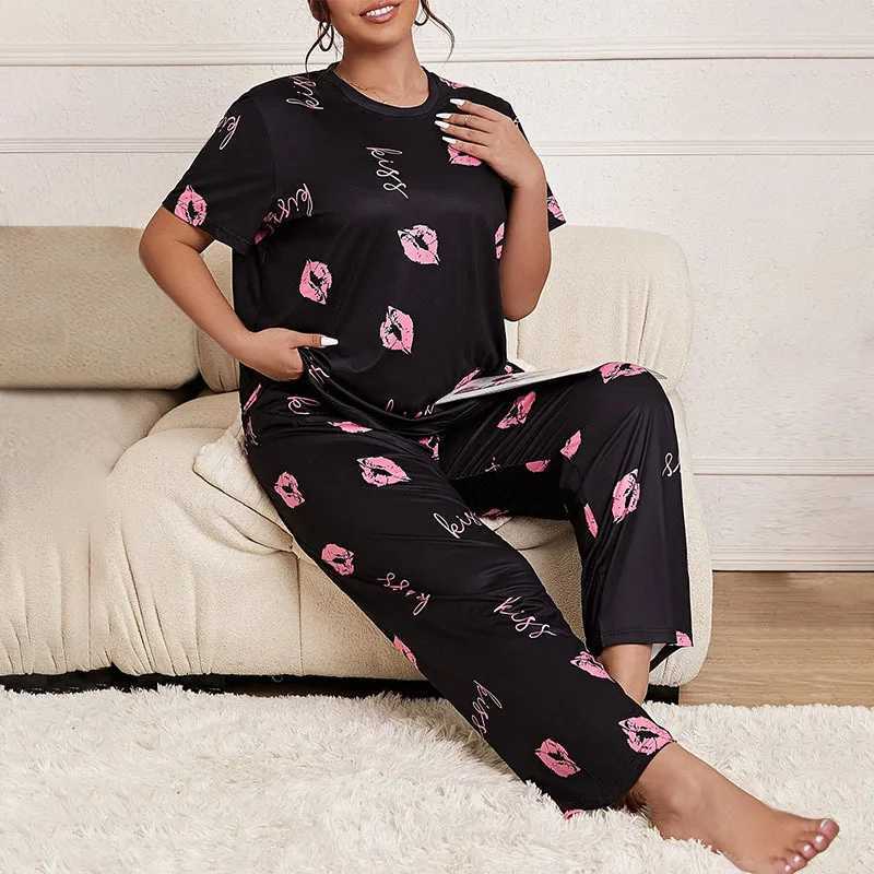 Plus Size Womens Sleepwear Set Cartoon Printed Sleepwear Smooth And Soft Short Sleeved T-shirt Long Pants Sleepwear W250717