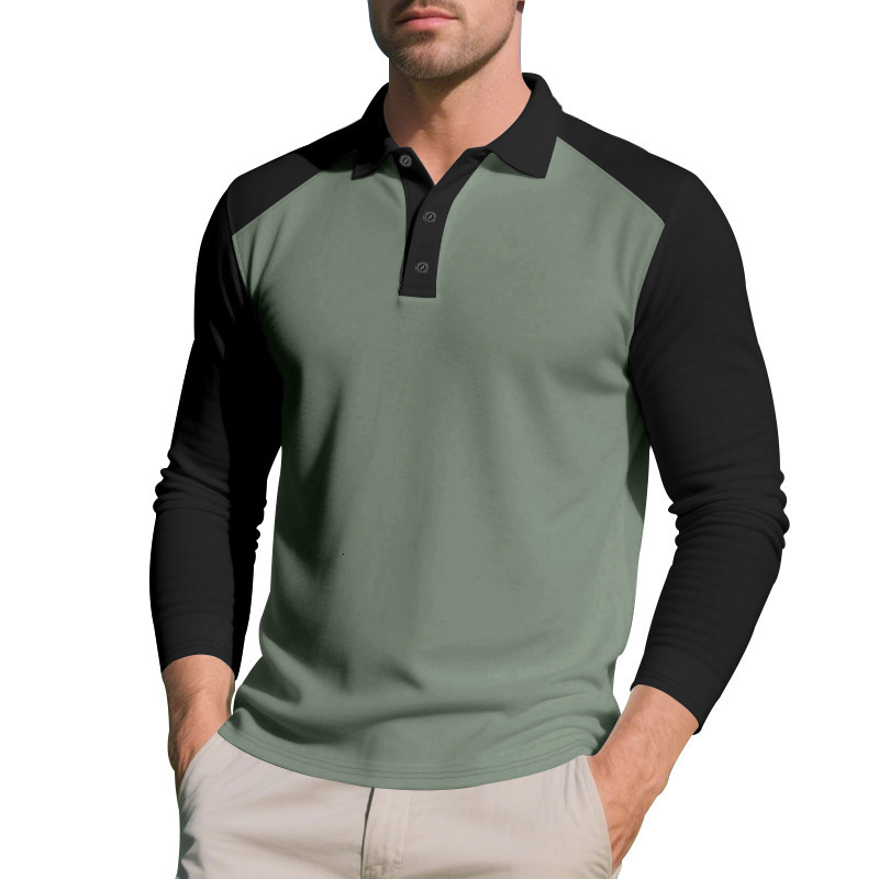 American Style Autumn Winter Men's Polo Color Block Casual Golf Turn-down Collar Long Sleeve T-shirt Base Shirt