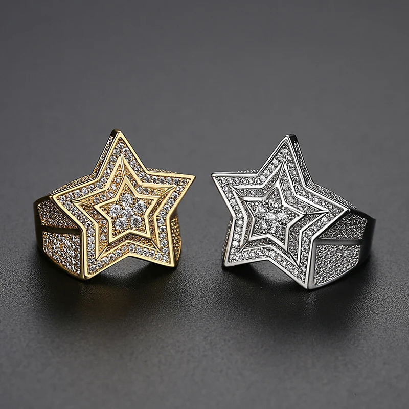 Hip Hop Micro Pave Cubic Zirconia Bling Iced Out Gold Color 3 layers Star Rings for Men Women Rapper Jewelry 250716