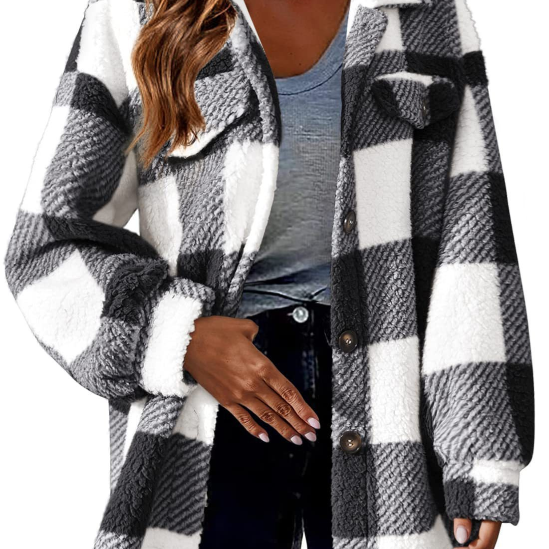 hot Free shipping designer coat for women Fashionable pocket plaid minimalist jacket with button down plush jacket