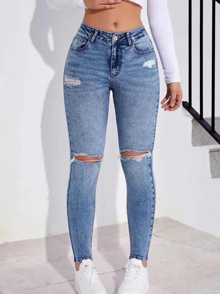 Blue stir-fried snowflake fashionable hole tight-fitting small-leg jeans R250716