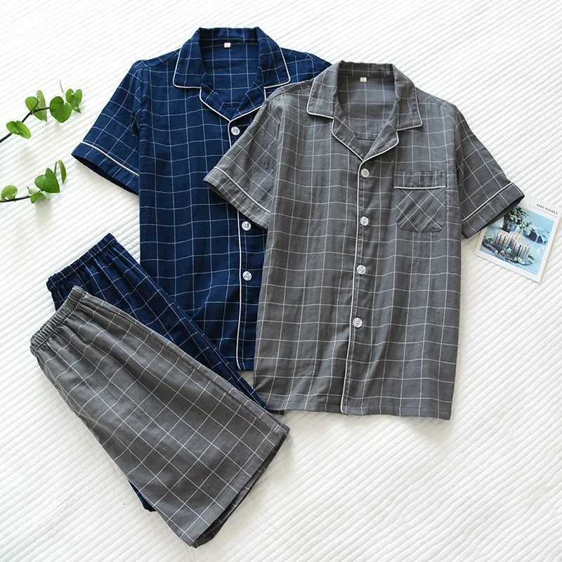 Summer New Mens Pajamas Two-Piece 100% Cotton Gauze Short-Sleeved Shorts Simple Plaid Loose Casual Breathable Home Service Suit W250717