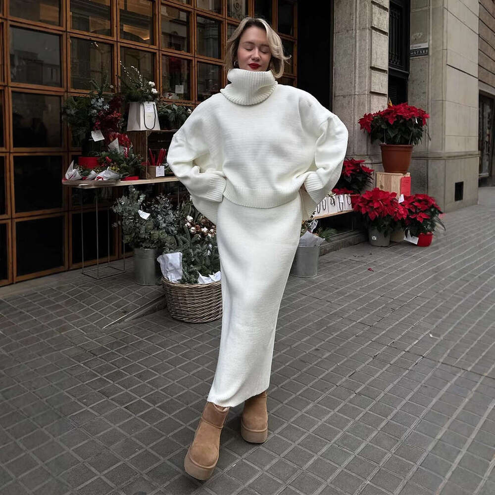 Turtleneck And Skirt Autumn Winter Loose Knitted Two-Piece Sweater Set For Women B5