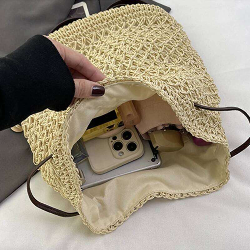 Vintage Women's Fashion Shoulder Bag Versatile Straw Woven PU Leather Elegant Designer Backpack