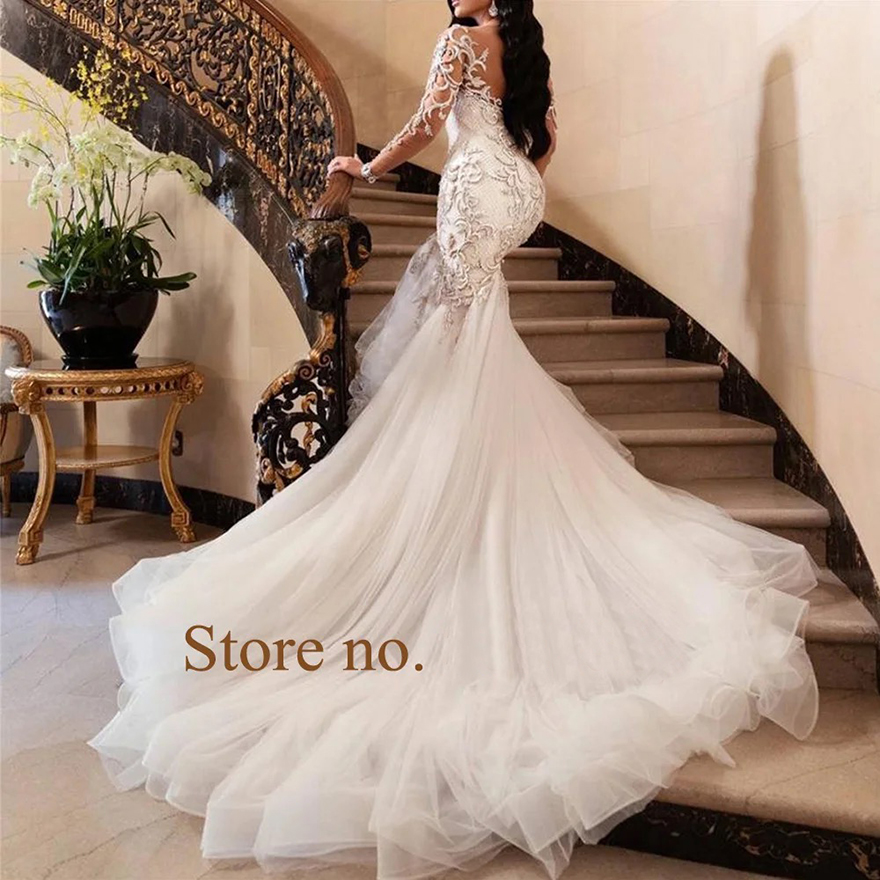 Sexy See Through O-Neck Mermaid Wedding Dresses Long Sleeve Buttons Up Back Beading Lace Applique Sweep Train Custom Made Vestido De Noiva Sereia