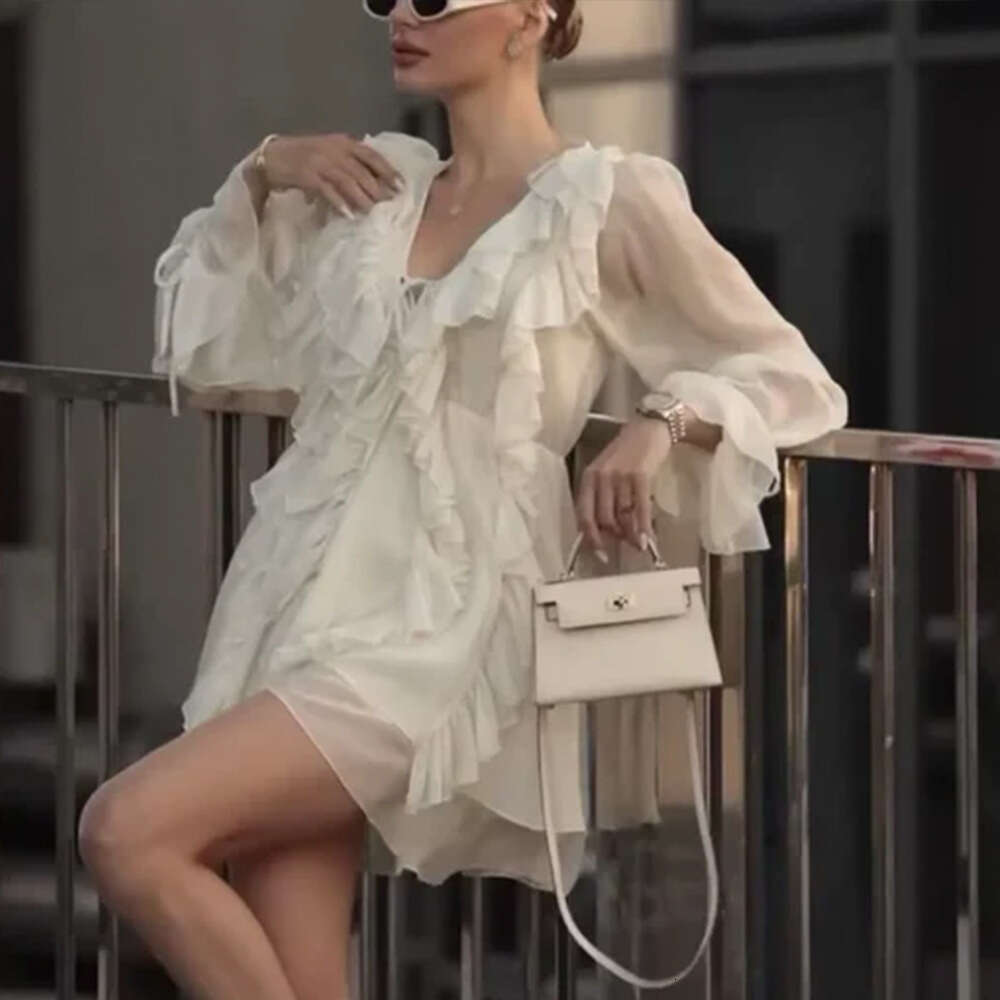 Chiffon Long Spring New Lantern Sleeve Tie Short Ruffle Dress B5