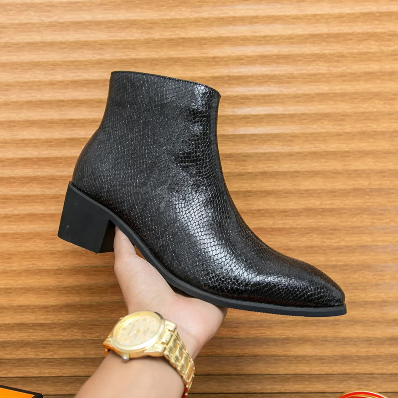 Spring Serpentine Leather Printing Men Cowboy Ankle Boots Show Party Motorcycle Short Boots Increase Height Dress Sapatos Social 250715