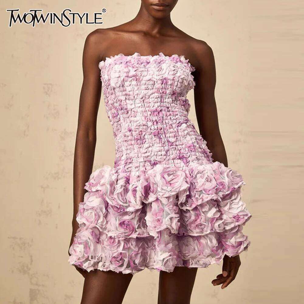 TWOTWINSTYLE Colorblock Fashion Temperament Dresses For Women Strapless Sleeveless Patchwork 3D Flowers Dress Female Clothing