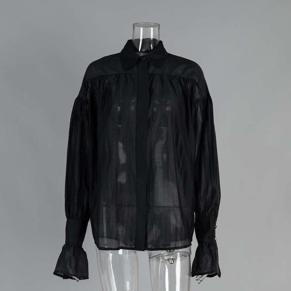 French Style Satin Lightweight Blouse New High-End Women's Lantern Long Sleeve Casual Top B5