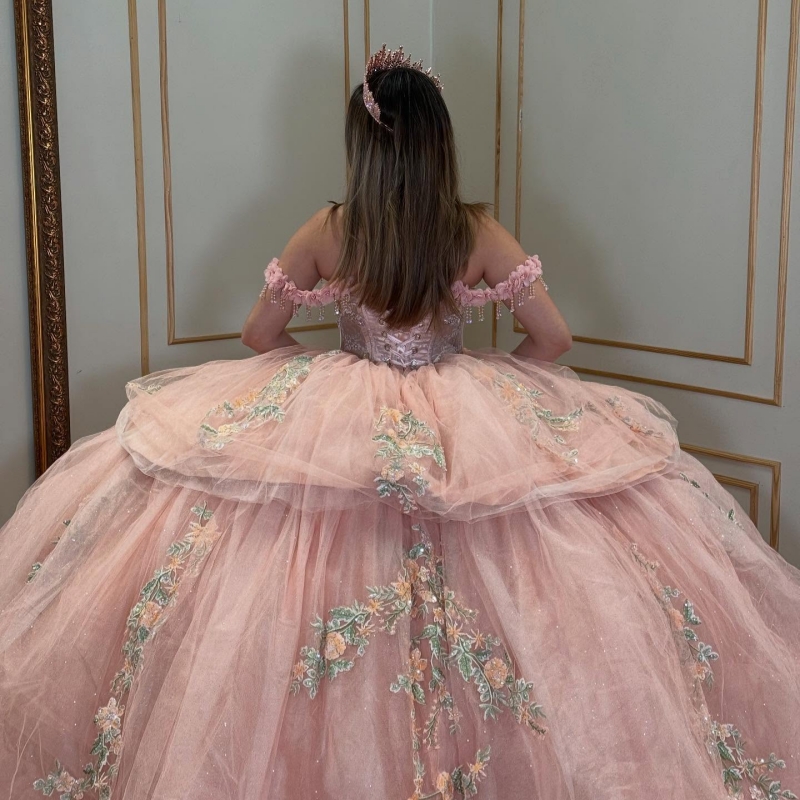 Pink Quinceanera Dresses Ball Gown Off The Shoulder Applique Lace Beads Tull Party Birthday Sweet 16 Dress Vestidos De 15 Anos