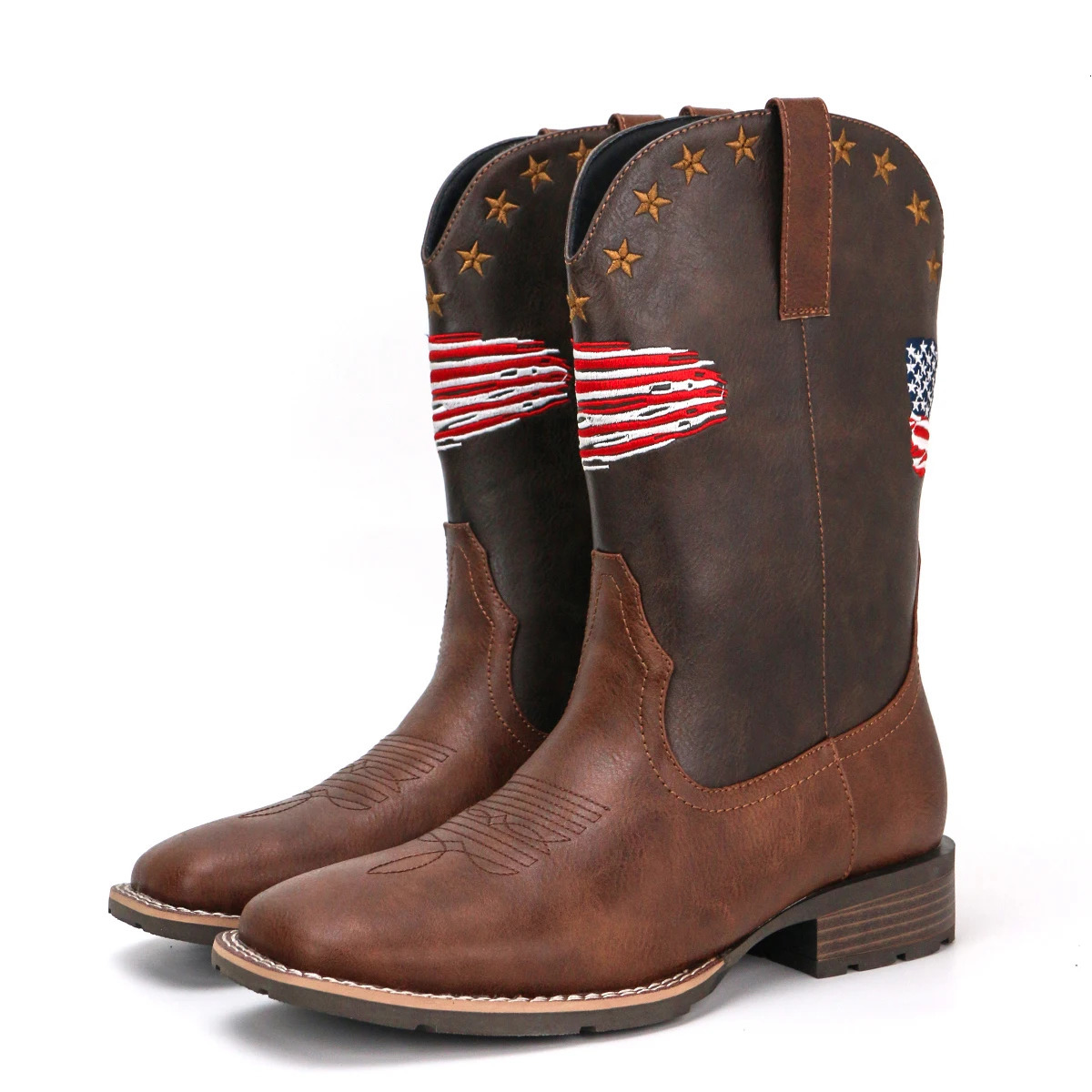 Mens Plaid Square Toe Low Heel Easiest for Match National Flag Slip-on Outdoor Cowboy Boots 250715