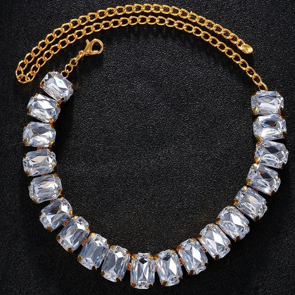 Classic Shiny Pink Blue Crystal Necklace Ladies Adjustable Square Large Glass Clavicle Chain Fashion Jewelry INS 250716