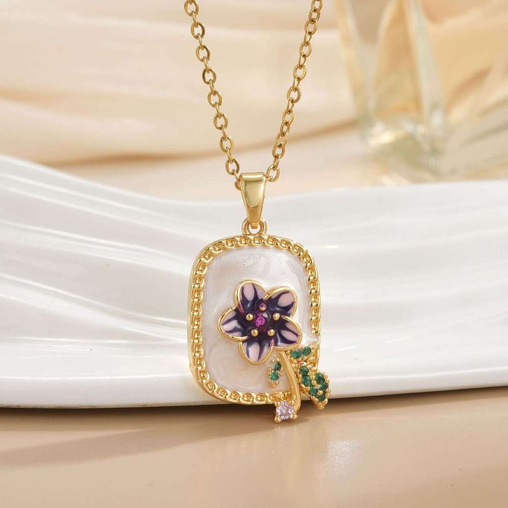 Monet Garden Vintage Titanium Steel Necklace Drop Micro Inlaid Zircon High-End Oil Painting Style Collarbone Chain Accessory Cad