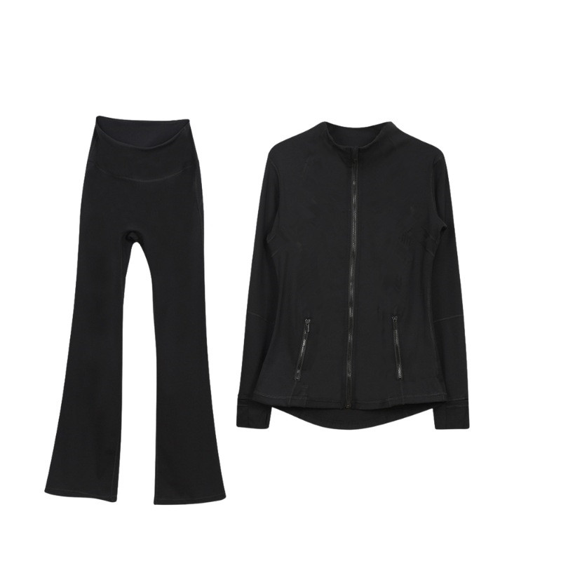 110 Women Yoga Outfit 2 Pcs Suits Long Pant Jackets Close-Fitting Fitness Wear Running Elastic Workout Sportswear Elastic Bell-bottom Trousers Tops Zipper