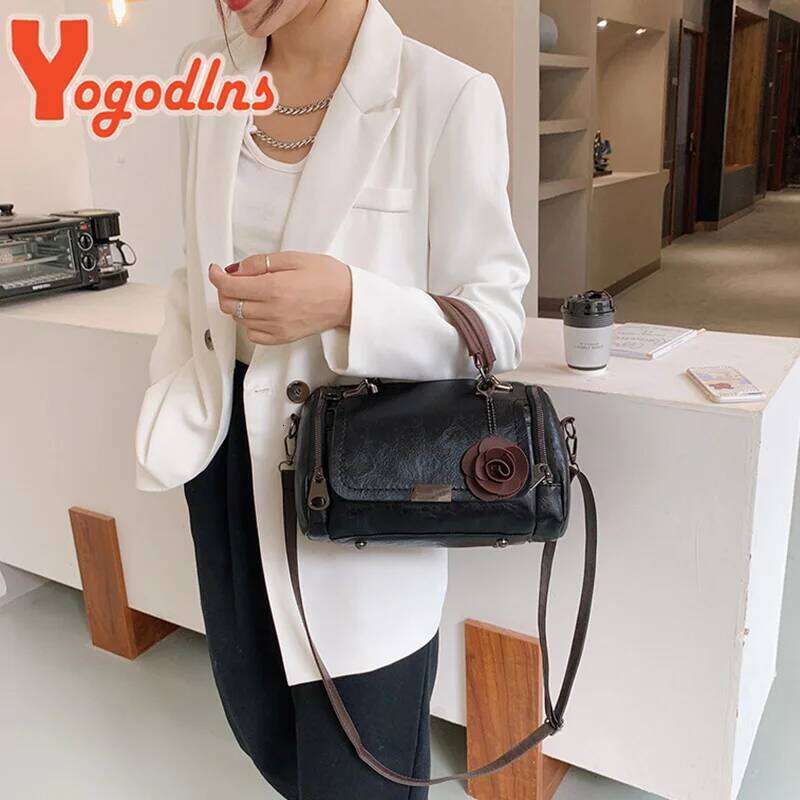Yogodlns New Flowers Pendant Handbag Women's Fashion Boston Bags Single Shoulder Ladies Crossbody PU Messenger Bag