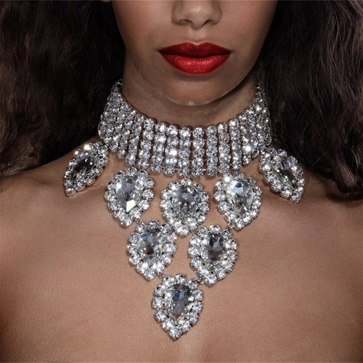 collar chain fashionable and exaggerated multi row bridal wedding sparkling rhinestone water droplet pendant neck chain 250716