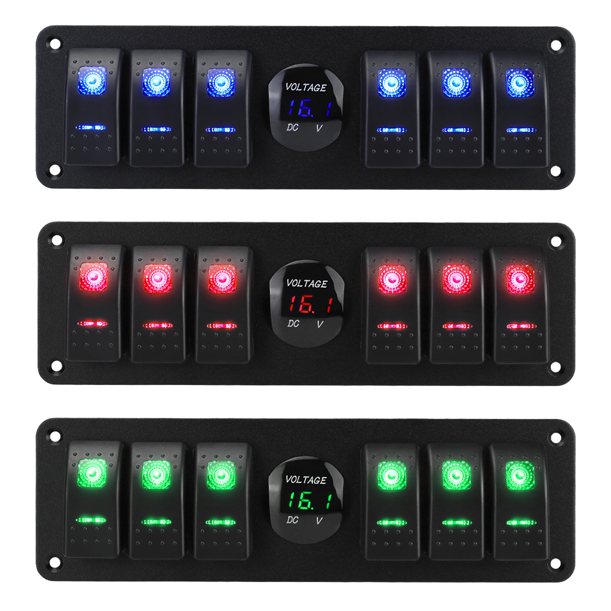 6 sets of rocker switch panels with voltmeter, suitable for cars, trucks, boats, and RVs (12V-24V)