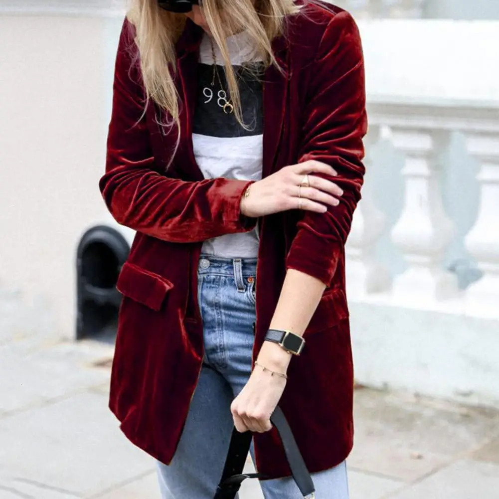 Velvet Women Office Lady Long Sleeve Double breasted Mid length Casual Coat Ladies Outerwear Stylish Relaxed Fit Blazer 250715