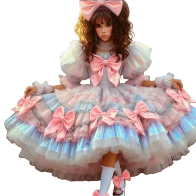 Colorful Lolita Prom Dresses Puffy Tutu Masquerade Dress Bow Half Sleeves Ball Gown Tea-Length Special Occasion Wear
