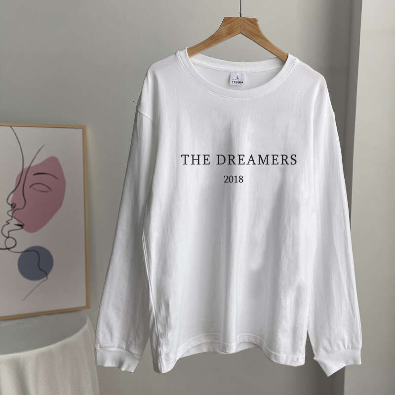 Ins Simple Style American Print Round Neck T-Shirt For Women, Pure Cotton Long Sleeve With Ribbed Cuffs, Loose Top, New B5