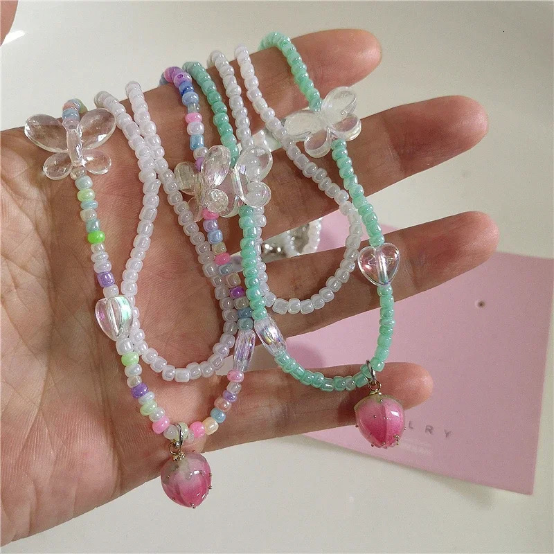 Summer Y2K Strawberry Pendant Necklace Set Choker for Women Children Jewelry Pearl Neck Clavicle Chain Accessories 250715