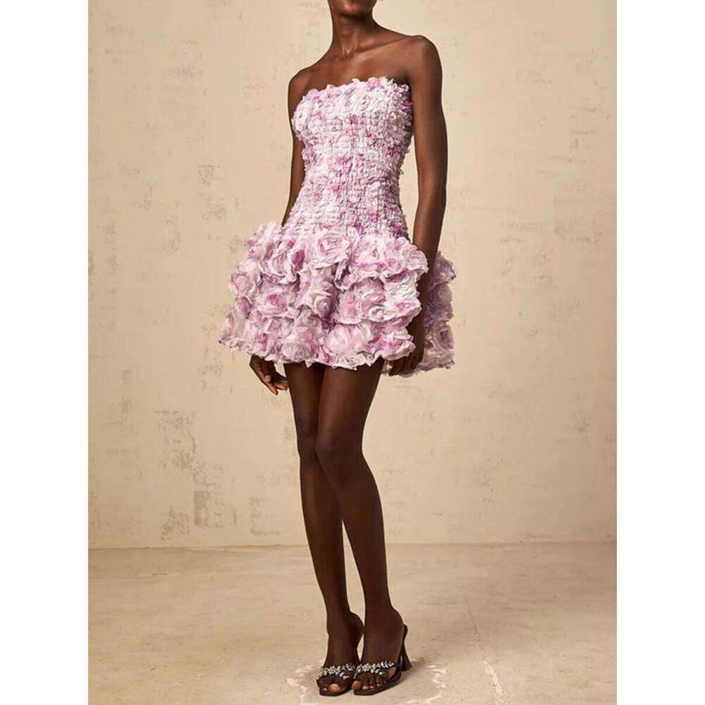 TWOTWINSTYLE Colorblock Fashion Temperament Dresses For Women Strapless Sleeveless Patchwork 3D Flowers Dress Female Clothing