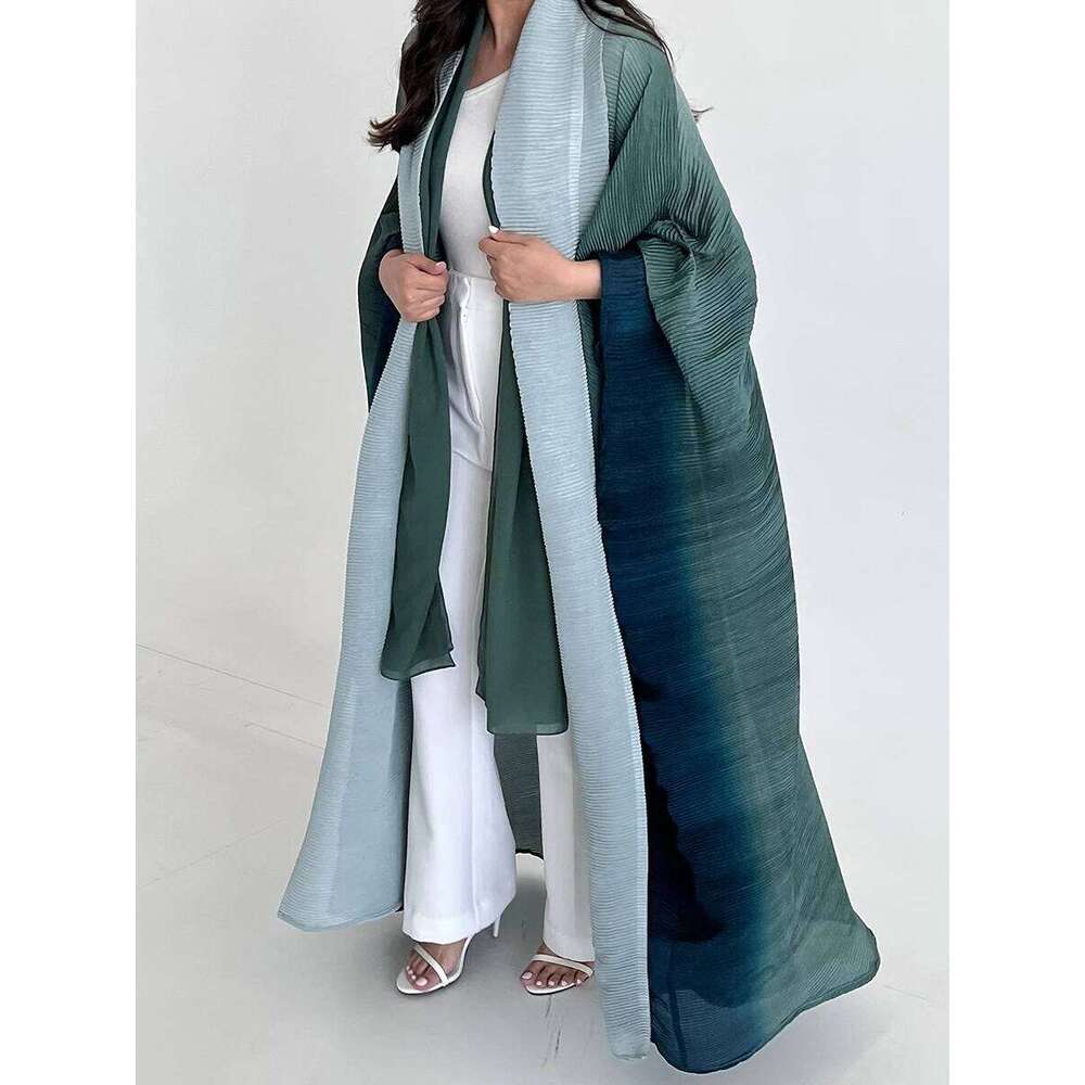 Miyake Pleated Gradient Bat Windbreak Coats Women Dubai Designer Fashion Turndown Collar Loose Long Cardigan Jacket With Belt