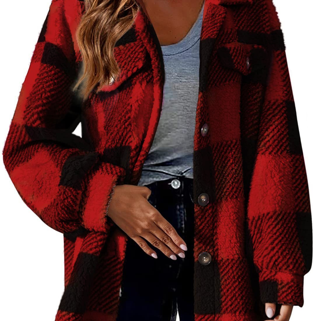 hot Free shipping designer coat for women Fashionable pocket plaid minimalist jacket with button down plush jacket