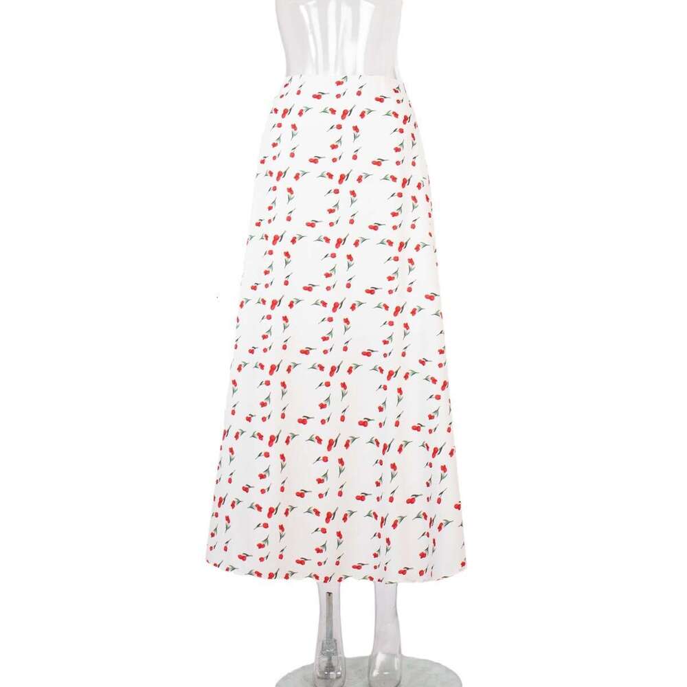Floral Spring Elegant High Waist A-Line Mermaid Cherry Print Midi Skirt B5