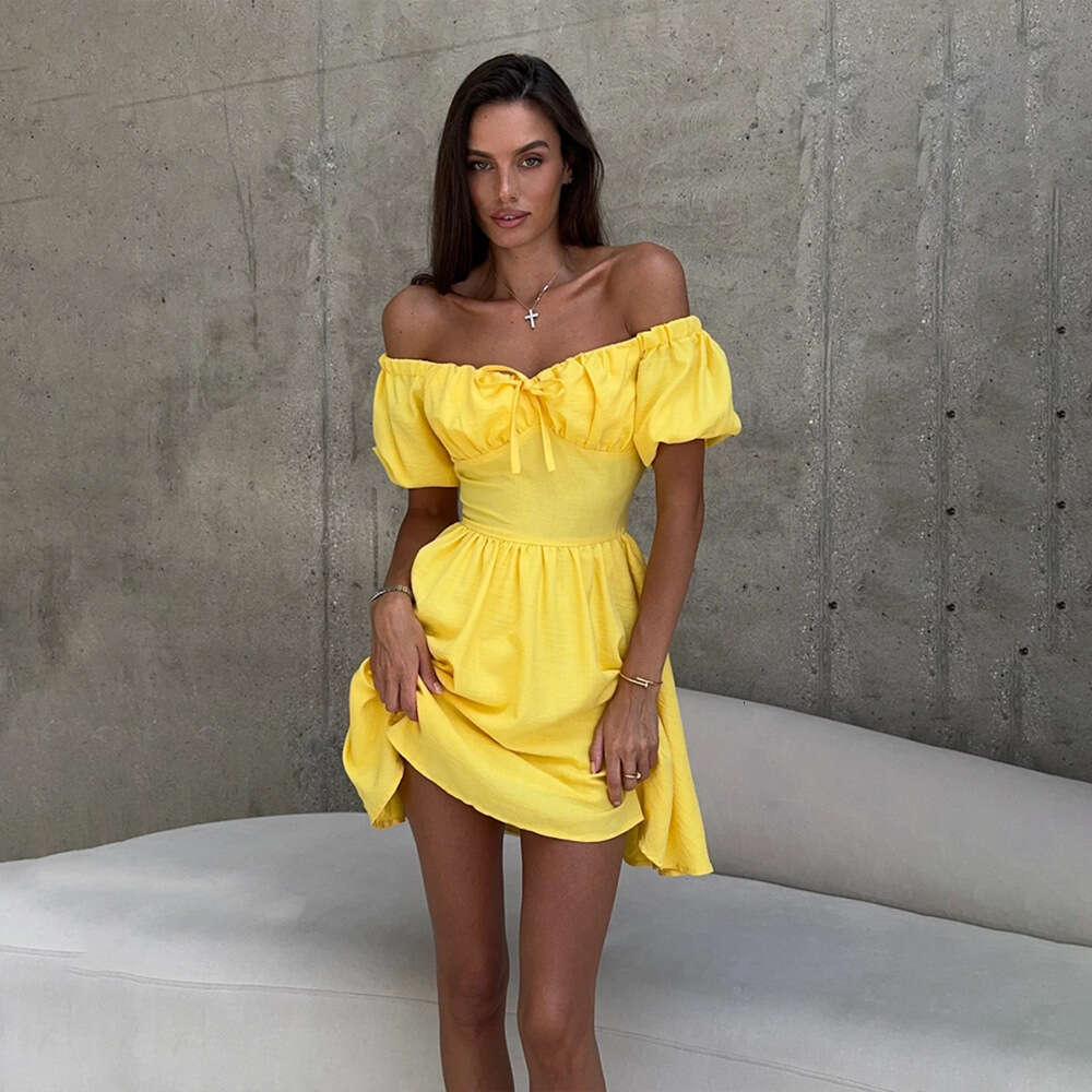 Off-Shoulder Summer New Tie Waist Short Puff Sleeve Dress B5