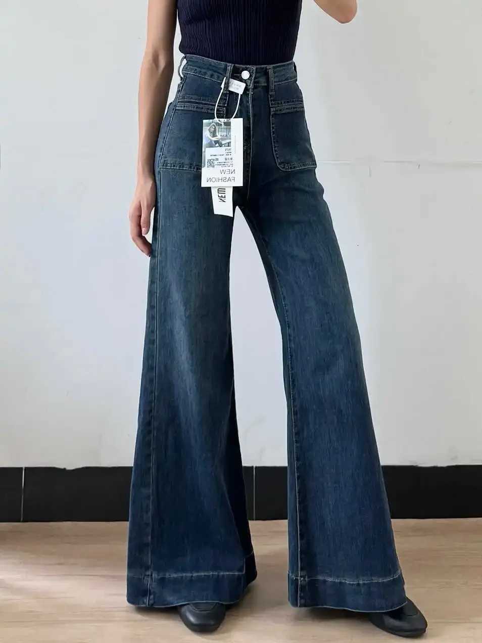 Womens Autumn New Fashion Retro Micro-flared Jeans Solid Color High-waisted Straight Wide Leg Pants Loose Floor-length Jeans R250716